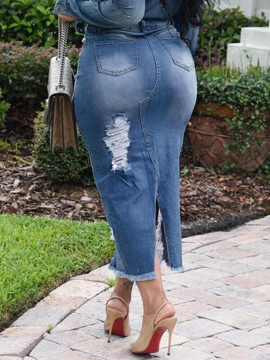 CaniBtr Women's Casual Slit Denim Midi Jean Skirt Stretch with Pockets