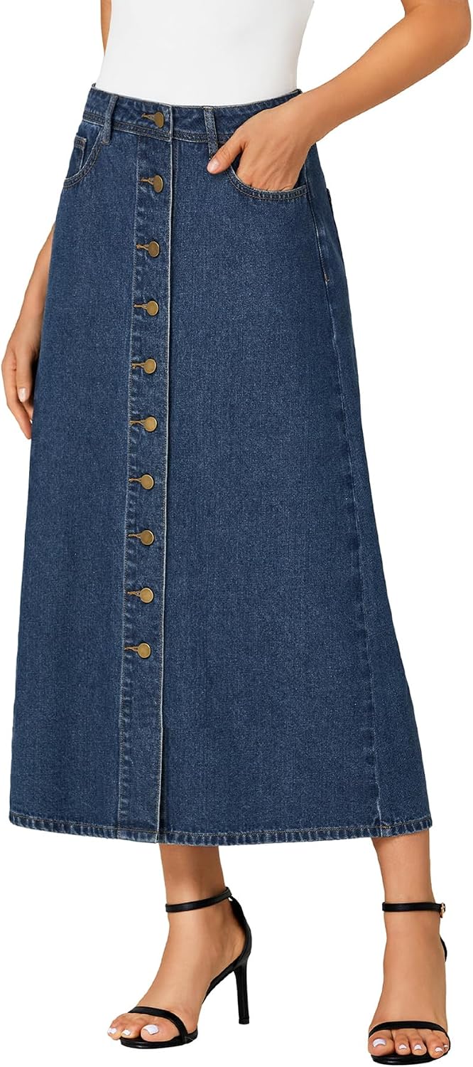 Vrtige Women's High Waisted Long Denim Skirt