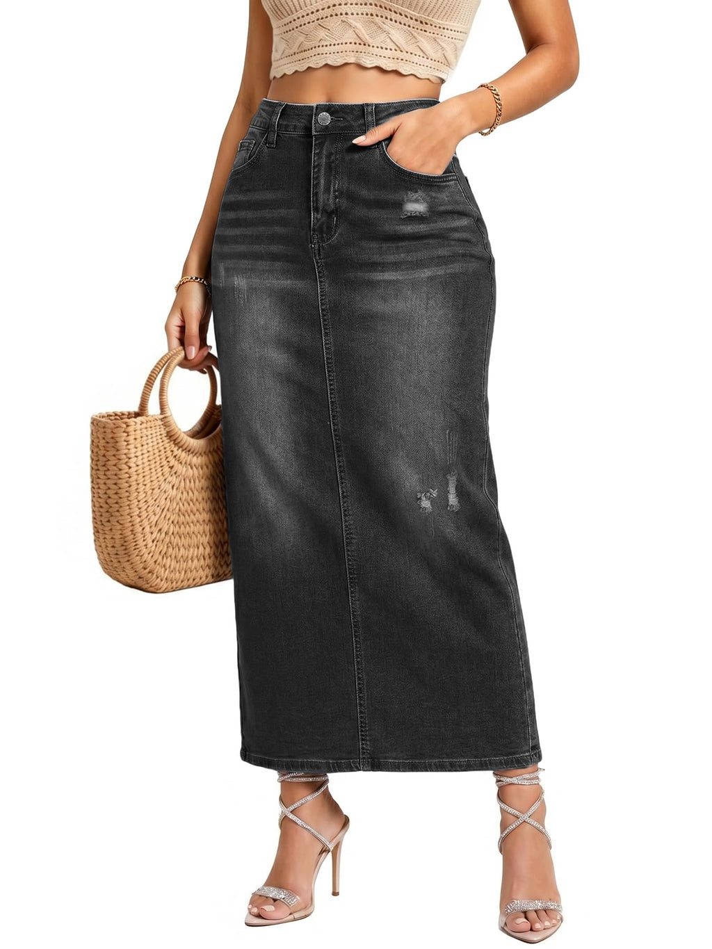 Women's High Waisted Long Denim Skirt with Back Slit Distressed Holes Stretch Whisker Wash