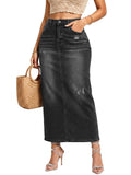 Women's High Waisted Long Denim Skirt with Back Slit Distressed Holes Stretch Whisker Wash