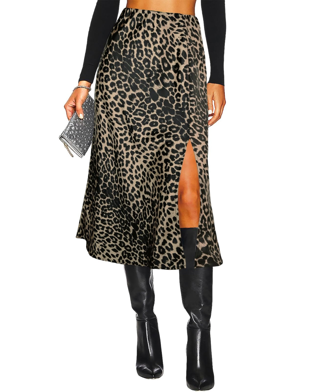Women's Slit Satin Midi Skirt High Waisted Leopard Silk Long Skirts