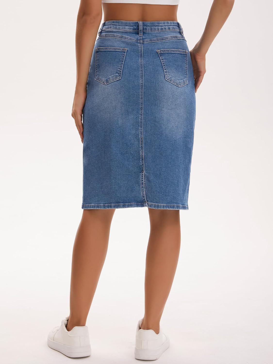 Women's Jean Skirt Back Slit Stretch Below Knee Length Denim Skirts
