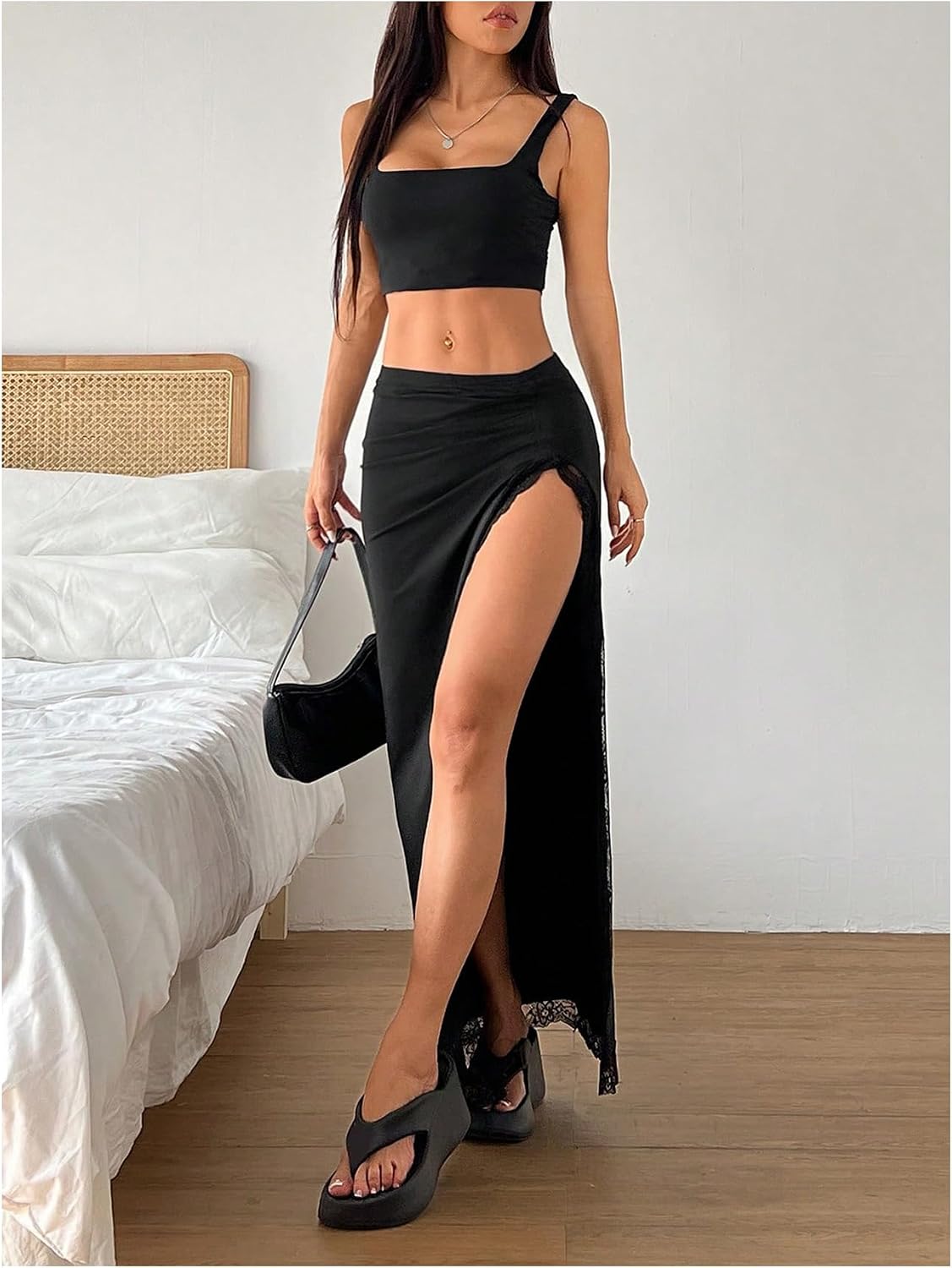 SHENHE Women's Low Rise Wrap High Slit Lace Maxi Skirt with Lining