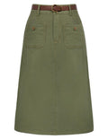 Belle Poque Denim Skirt with Belt Below Knee Length High Waisted Jean Skirts for Women