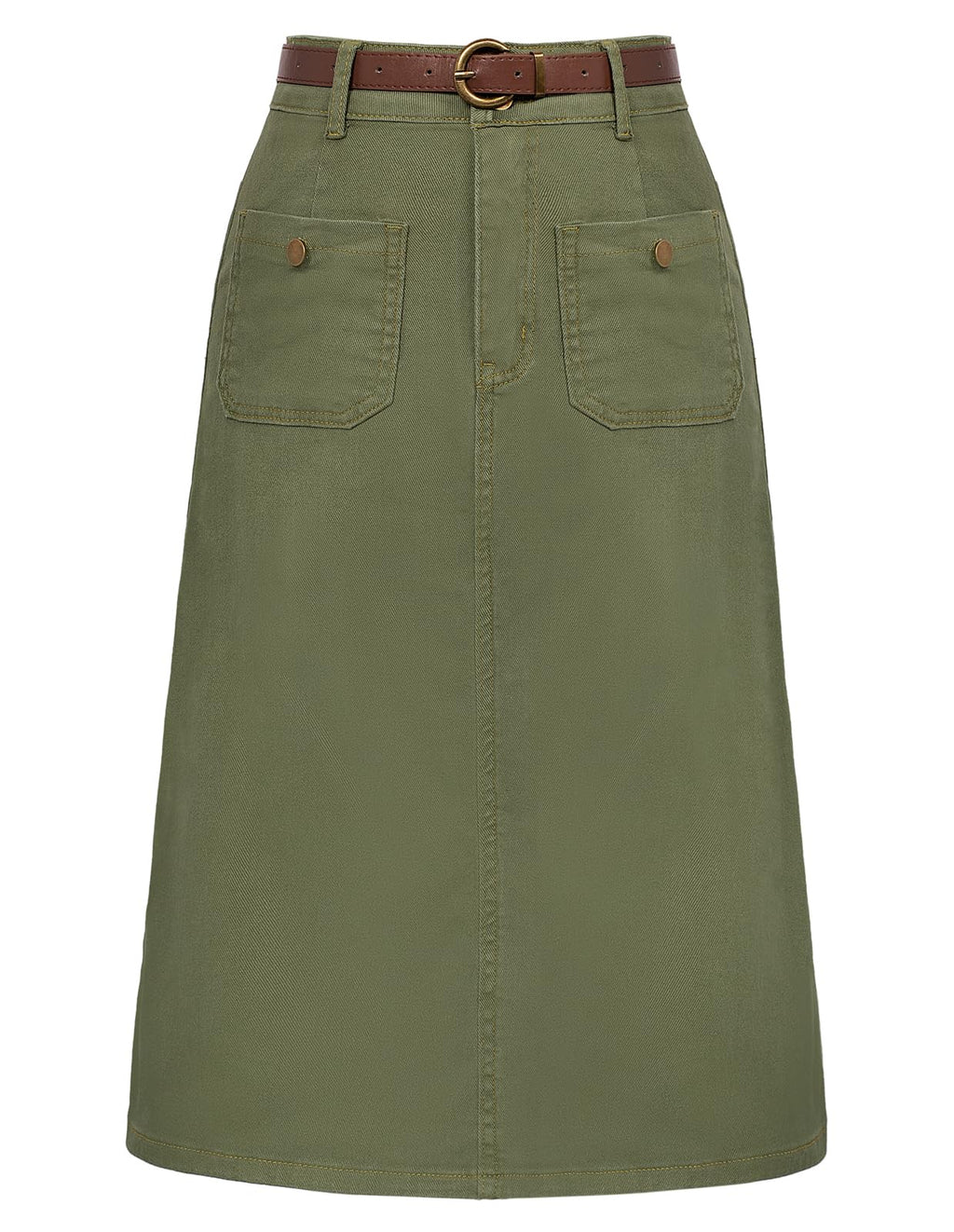 Belle Poque Denim Skirt with Belt Below Knee Length High Waisted Jean Skirts for Women