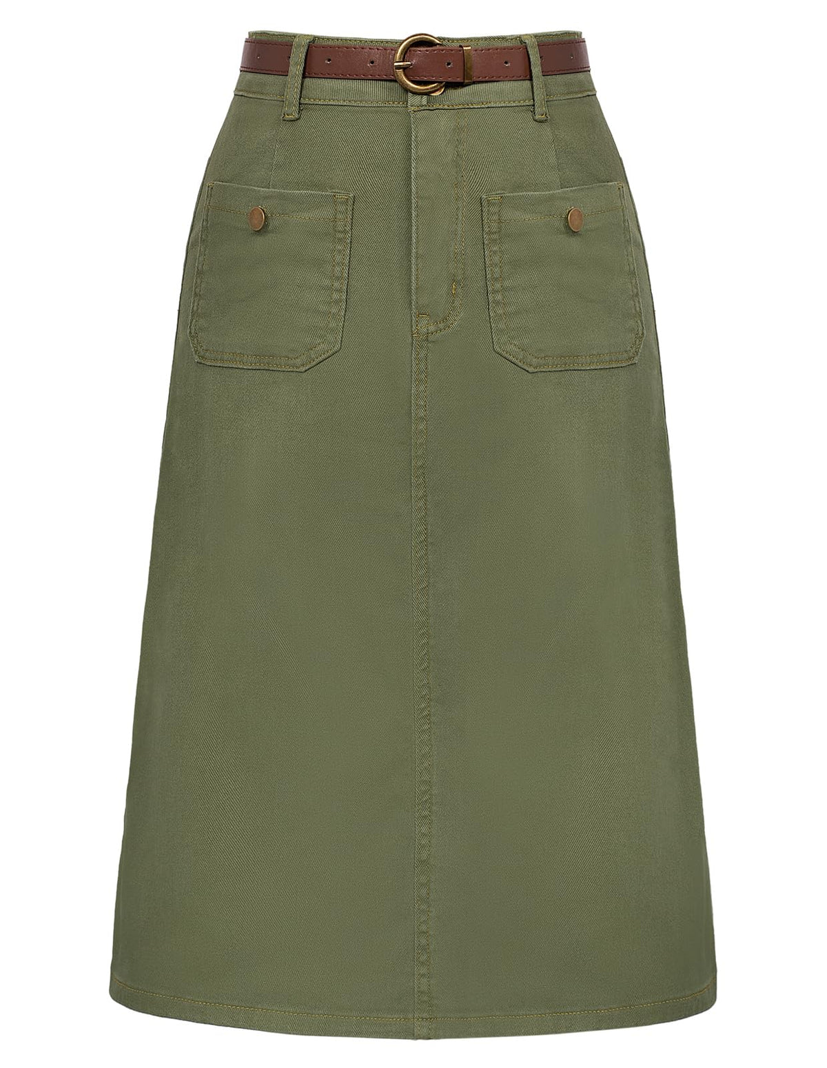 Belle Poque Denim Skirt with Belt Below Knee Length High Waisted Jean Skirts for Women