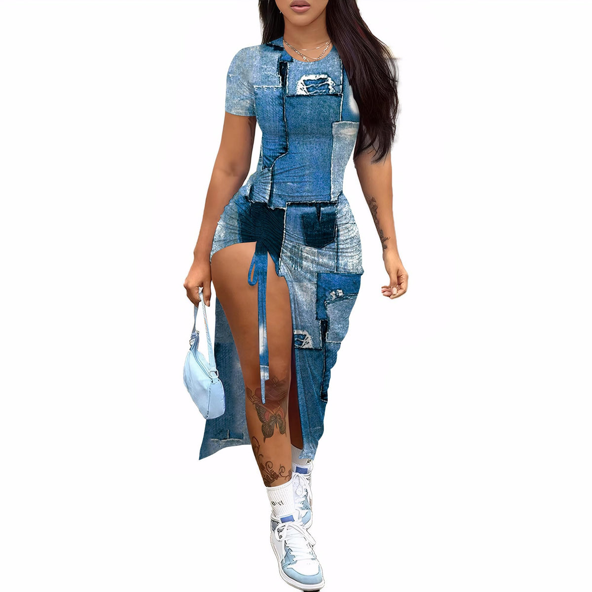 Nimsruc Women Sexy Summer Bodycon Dresses Short Sleeve Slit Maxi Club Dress