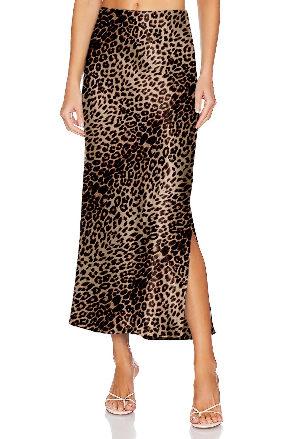 Womens Satin Silk Maxi Slit Skirt Elastic Waistband Leopard Print Maxi Long Satin Slit Skirts for Women