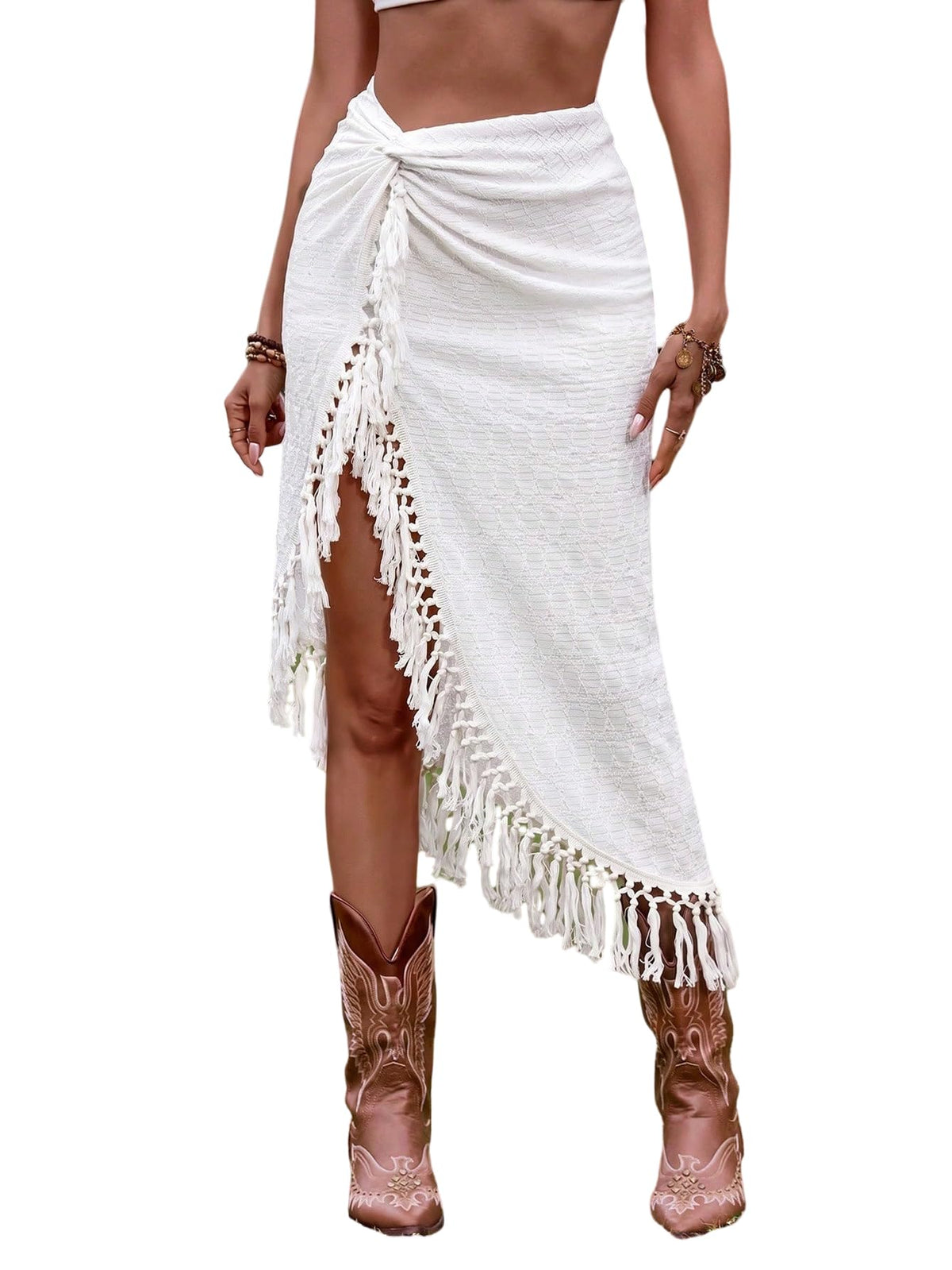 SHENHE Women's Twist Front Slit Boho Fringe Tassel Midi Skirt