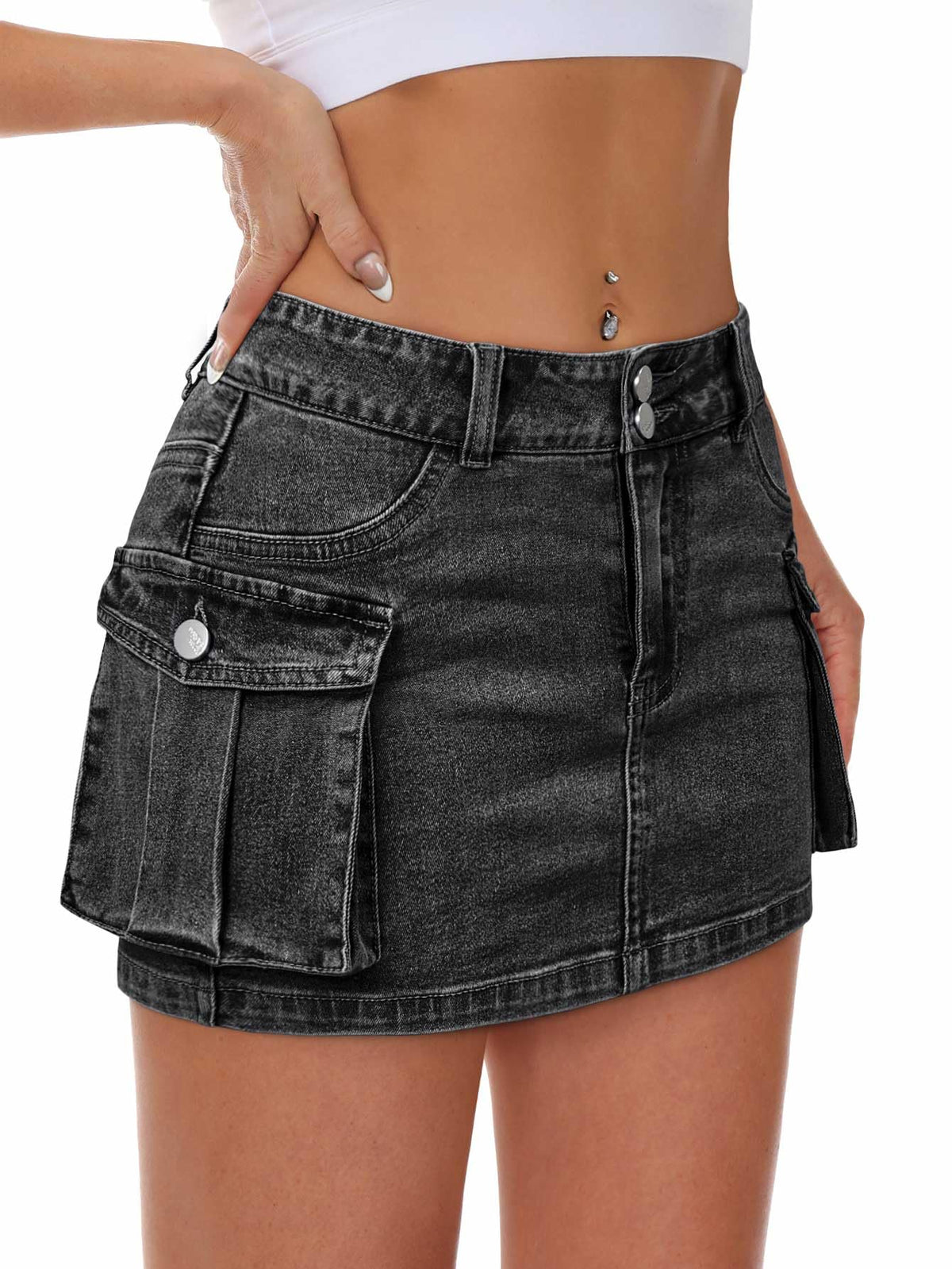 Mancreda Women Denim Mini Skirt Low Rise Y2K Jean Skirts Flap Pockets