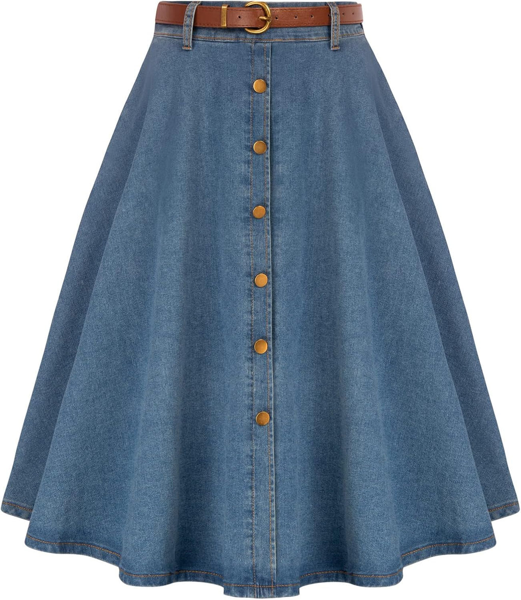 Belle Poque Women's Denim Skirts Vintage Below Knee Length High Waist A-Line Jean Skirts with Pockets