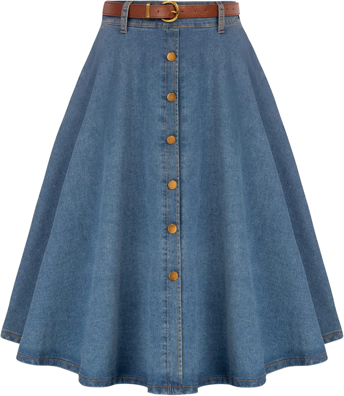 Belle Poque Women's Denim Skirts Vintage Below Knee Length High Waist A-Line Jean Skirts with Pockets