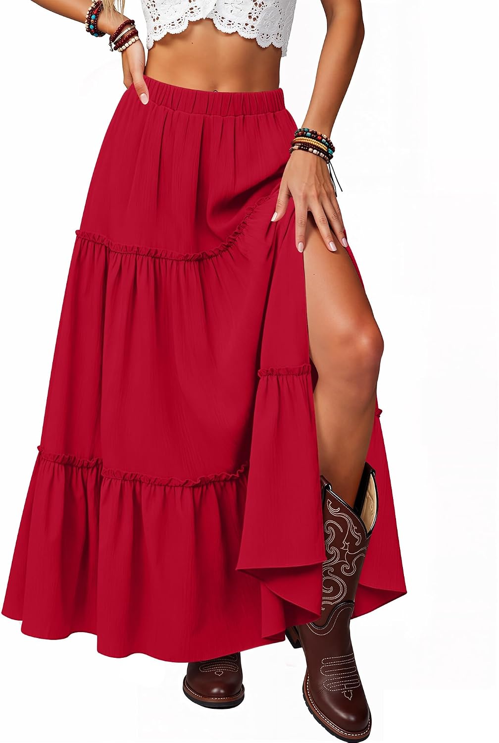 Maxi Skirts for Women 2026 Summer Side Slit Tiered Trendy Pleated Ruffle Flowy Boho Long Skirt with Pockets