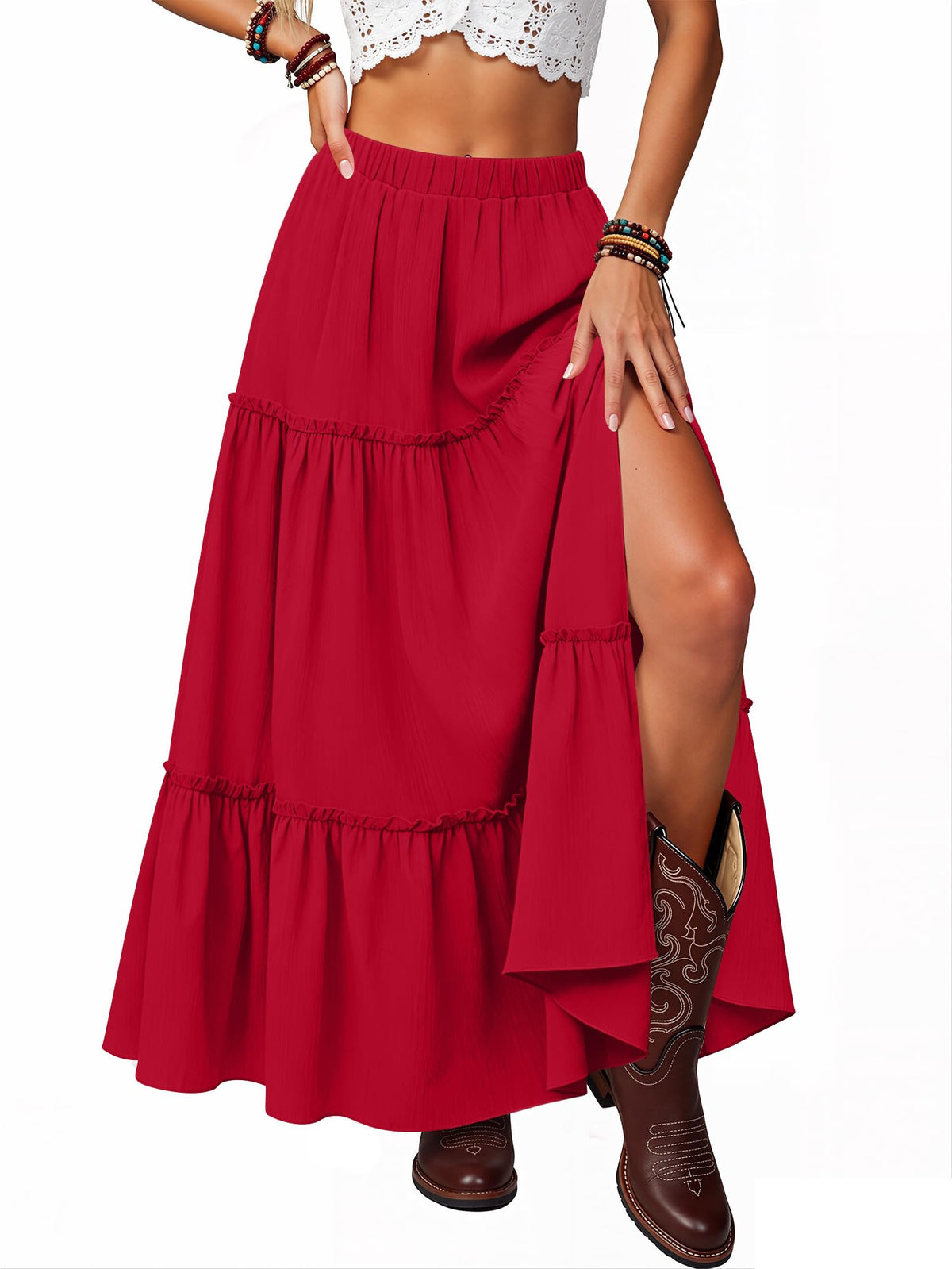 Maxi Skirts for Women 2026 Summer Side Slit Tiered Trendy Pleated Ruffle Flowy Boho Long Skirt with Pockets