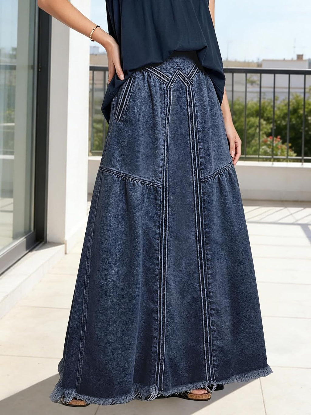 ebossy Women's High Waist A Line Frayed Maxi Long Denim Skirt with Pockets