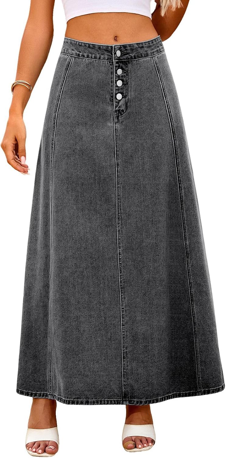 ebossy Women's High Waist Denim Skirt Classic 4-Button Flare A Line Stretch Maxi Long Jean Skirts with Pockets