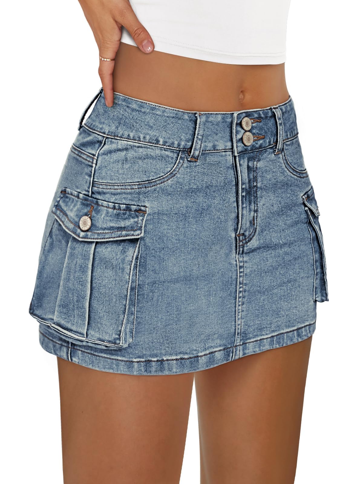 LILLUSORY Women Cargo Mini Skirt Denim Jean Dress with Pocket