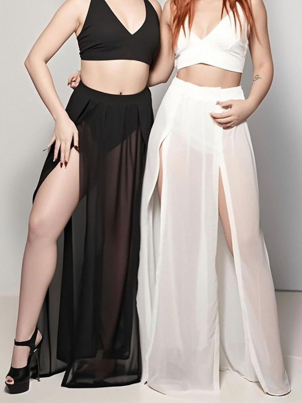 Women's Sheer Mesh Chiffon Double Slit Cover Up Skirt Rave Festival Costume Swim Beach Flowy Long Maxi Skirts