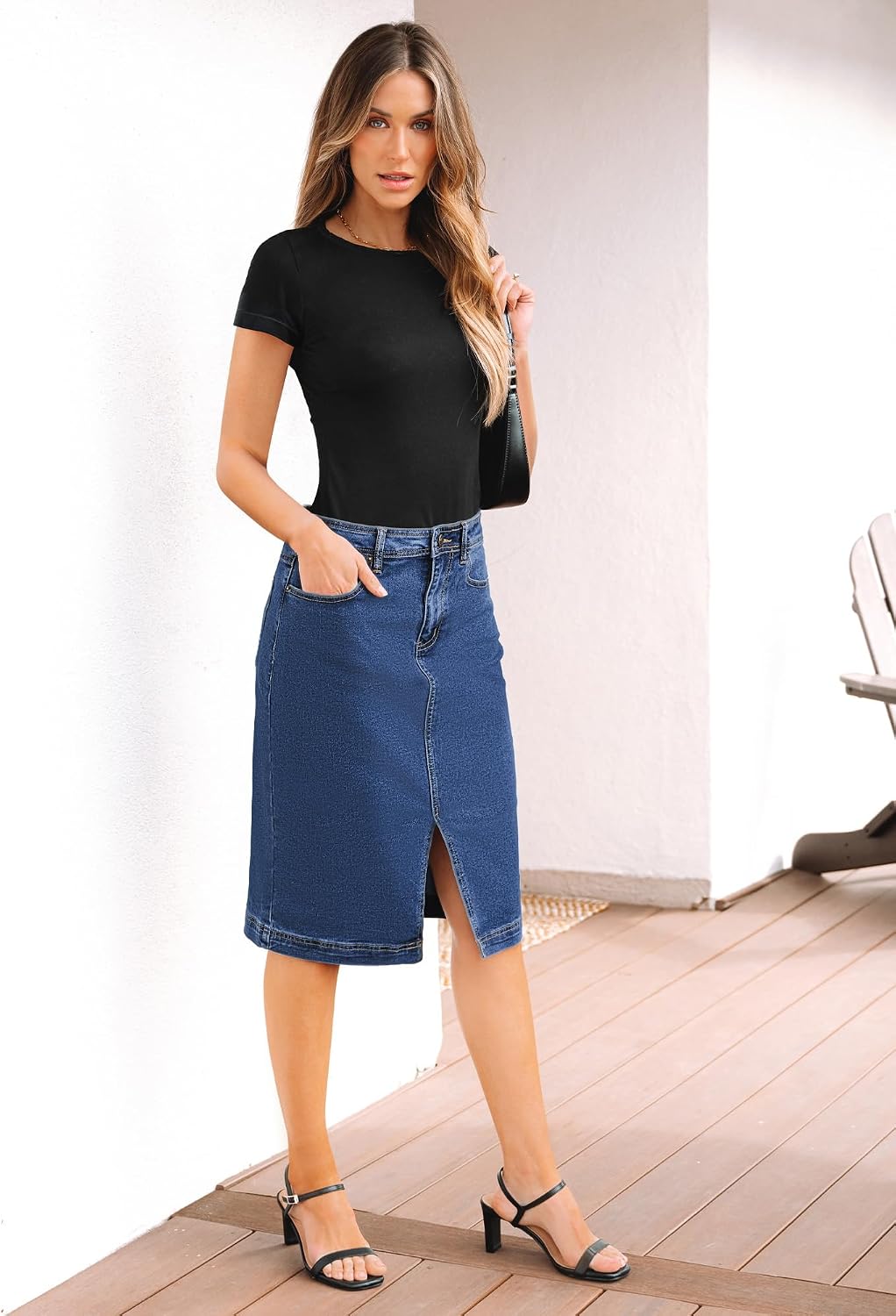 luvamia Jean Skirts for Women Denim Midi Below Knee Pencil Skirt with Slit