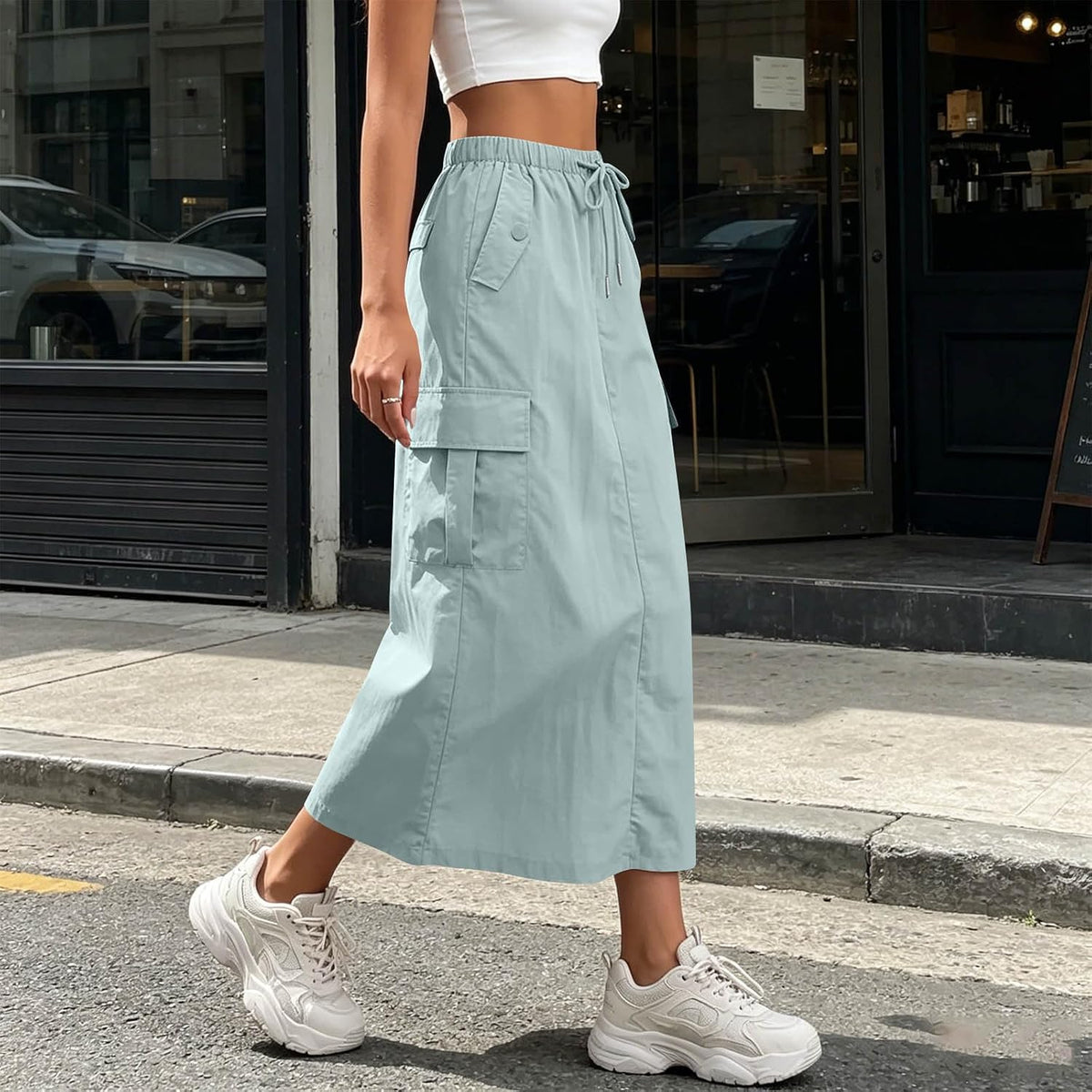Womens Cargo Skirt High Waisted Drawstring Quick Dry Maxi Skirt Trendy Back Slit A Line Long Skirts Summer Skirts