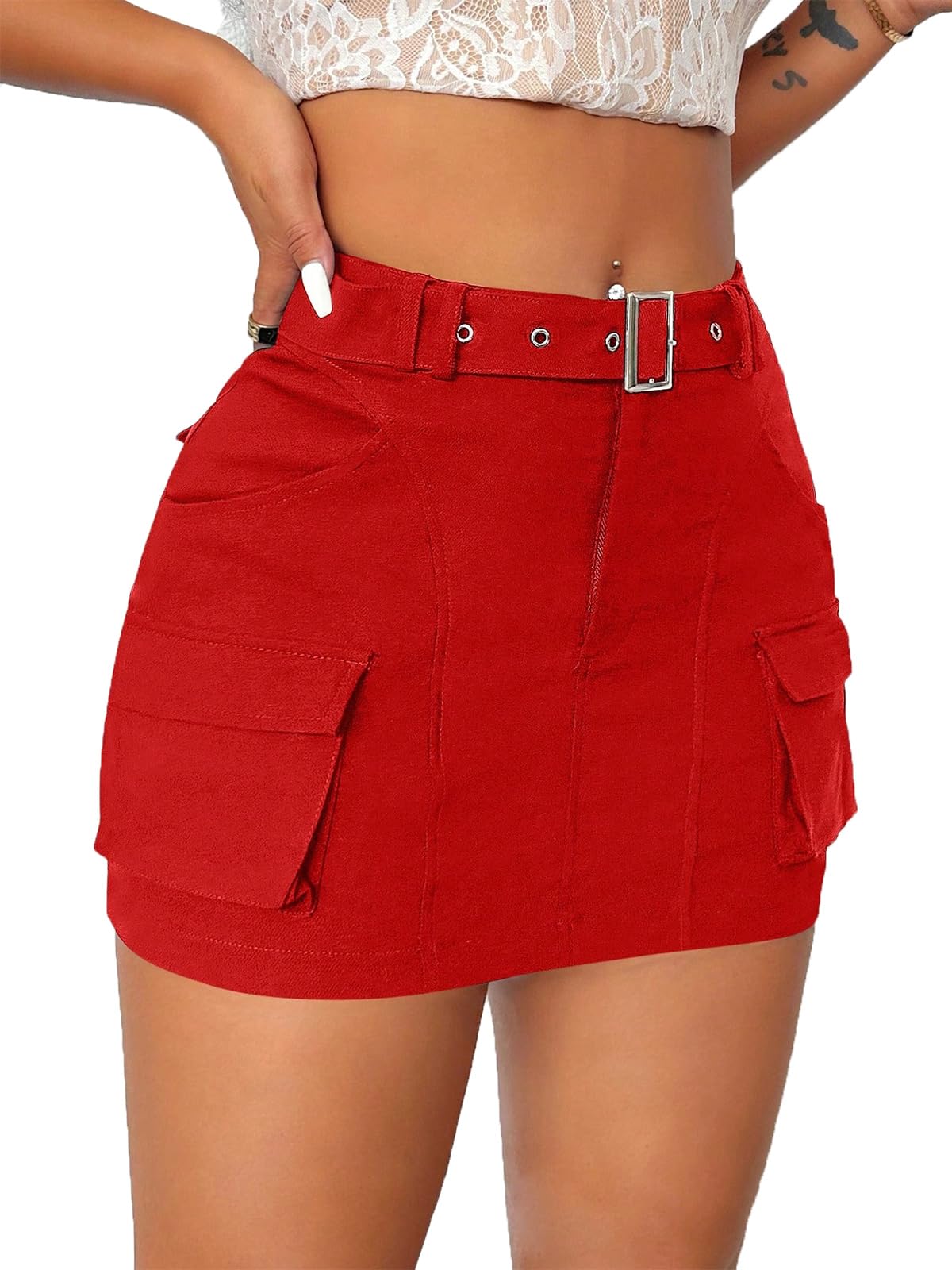 Cargo Skirts for Women Low Waist Button Mini Skirt with Pockets