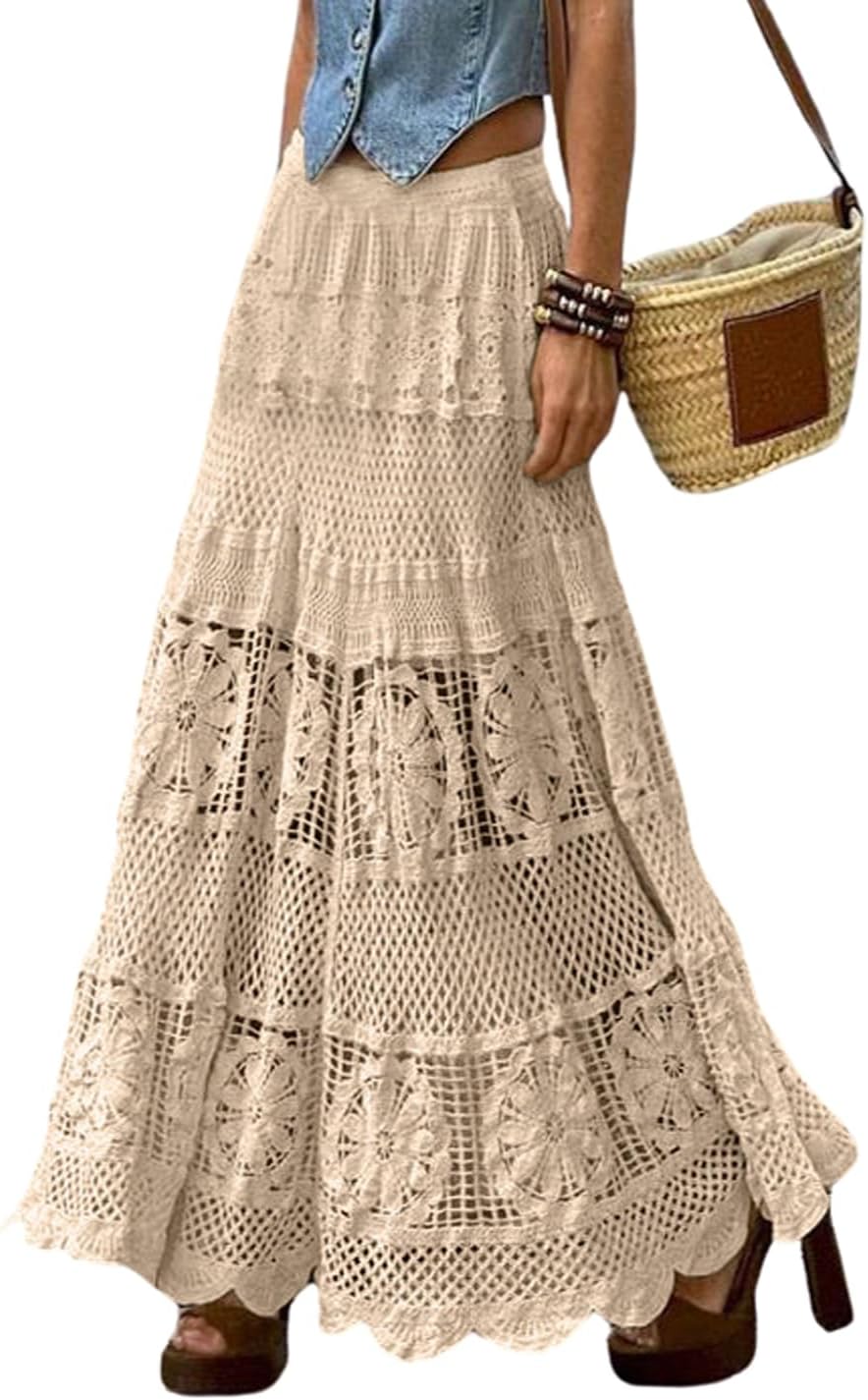 chouyatou Women's Western Floral Lace Crochet Knit Maxi Boho Skirt A-Line Eyelet Hippie Flowy Long Skirt