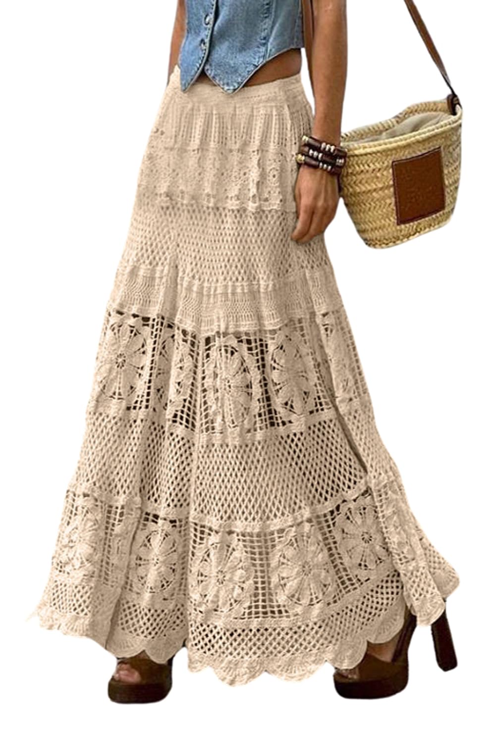 chouyatou Women's Western Floral Lace Crochet Knit Maxi Boho Skirt A-Line Eyelet Hippie Flowy Long Skirt