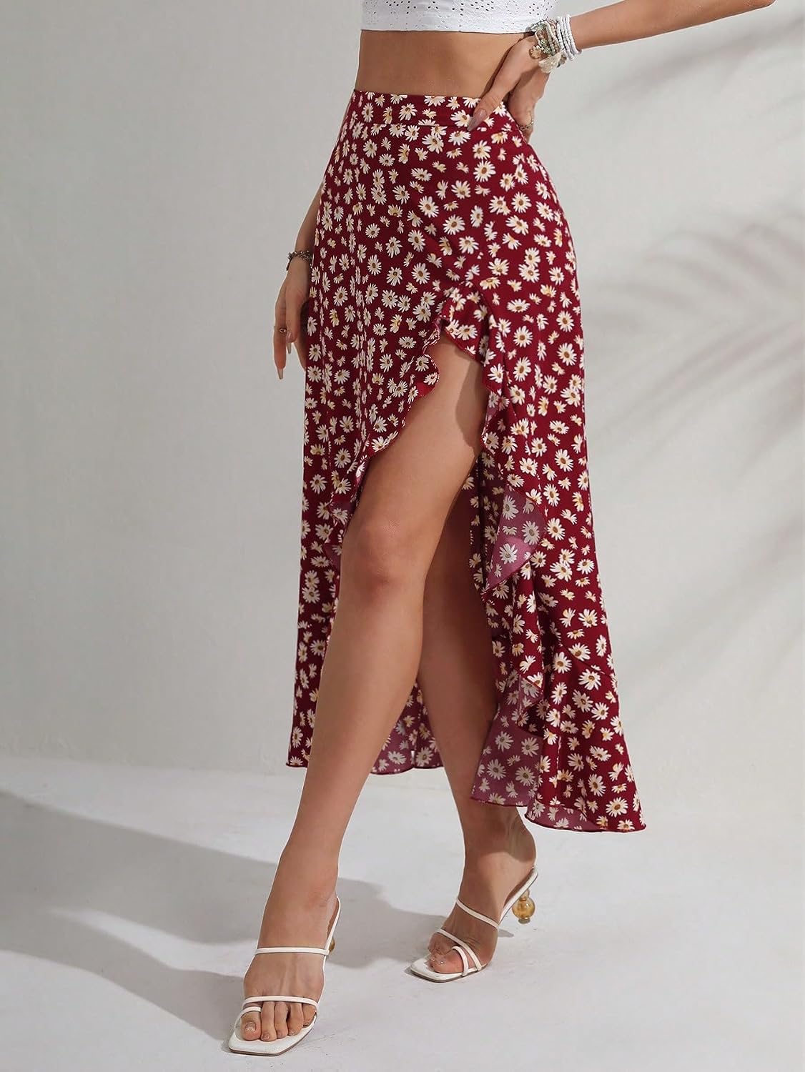 MakeMeChic Women's Boho Floral Skirt Slit Flowy Midi Skirt