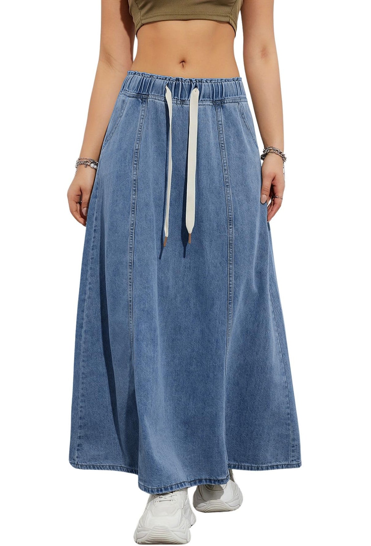 chouyatou Women's Casual Paperbag Elastic High Waist A Line Long Maxi Flare Denim Skirt