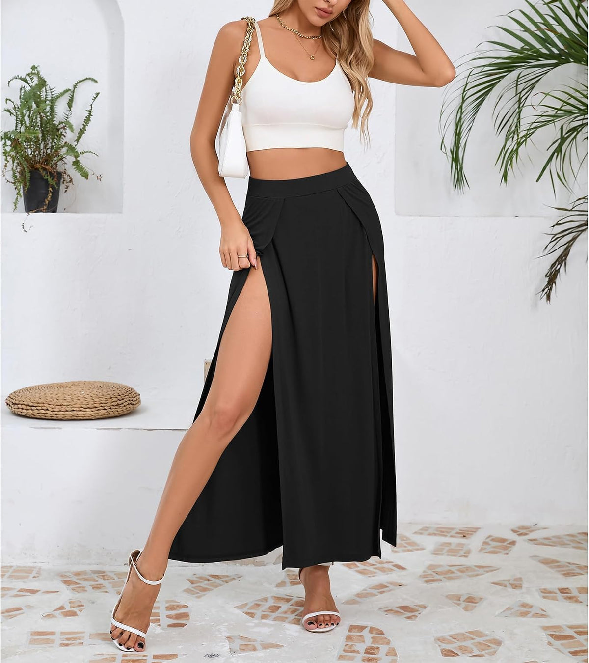 Zando Women's Sexy Double High Slit Maxi Skirt with High Elastic Waist