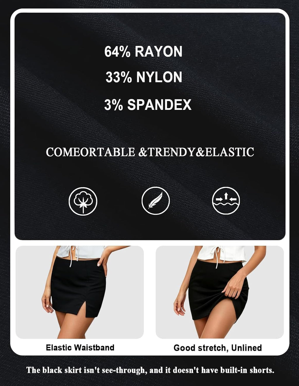 EG CHRIS G Black Mini Skirt Women's High Waisted Stretch Fitted Bodycon Skirt with Slit