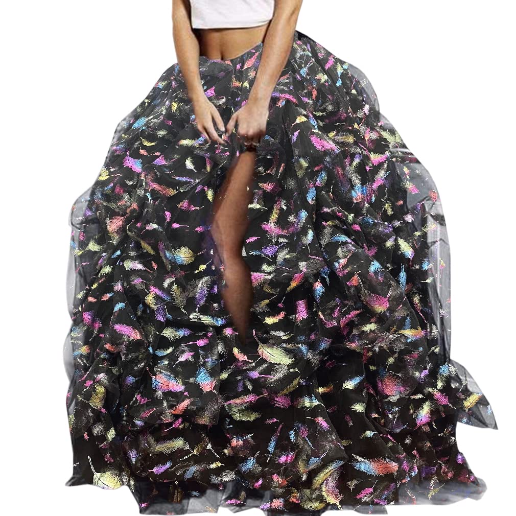 WDPL Women's Long Maxi Slit Tulle Special Occasion Bustle Night Out Skirt