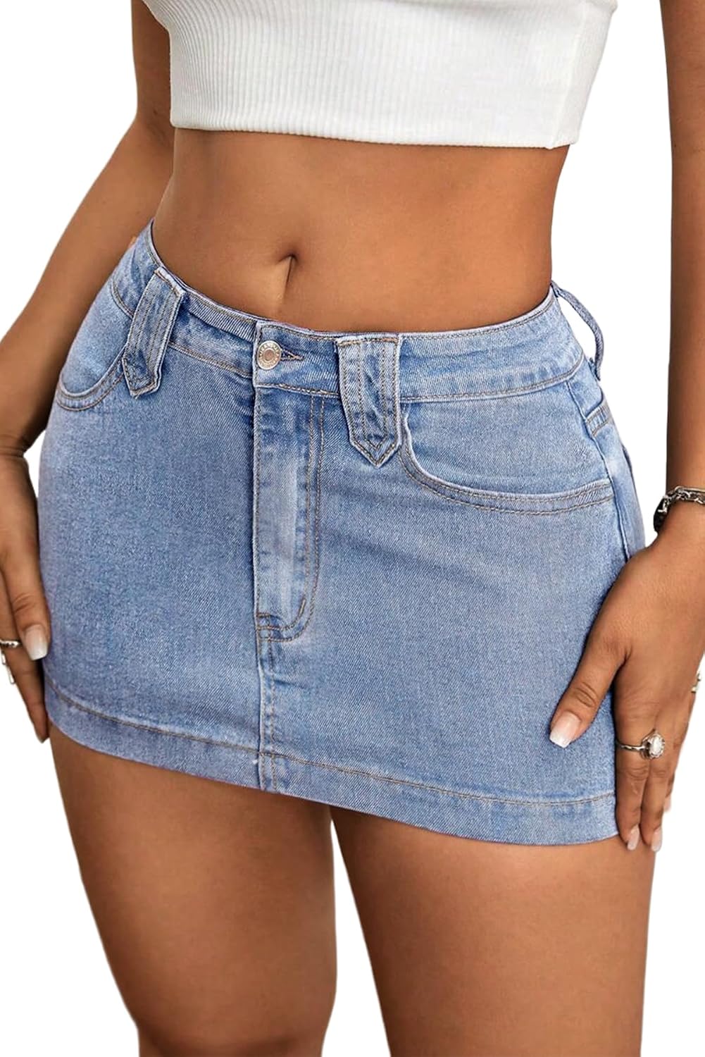 ELLEVEN Women's Y2k Stretchy Denim Mini Skirt Low Rise Casual Sexy Bodycon Jean Skirt with Pockets