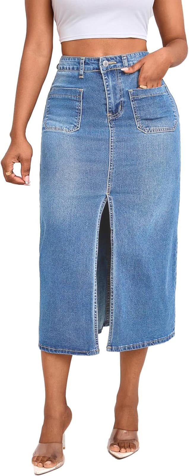 CaniBtr Women's Casual Slit Denim Midi Jean Skirt Stretch with Pockets