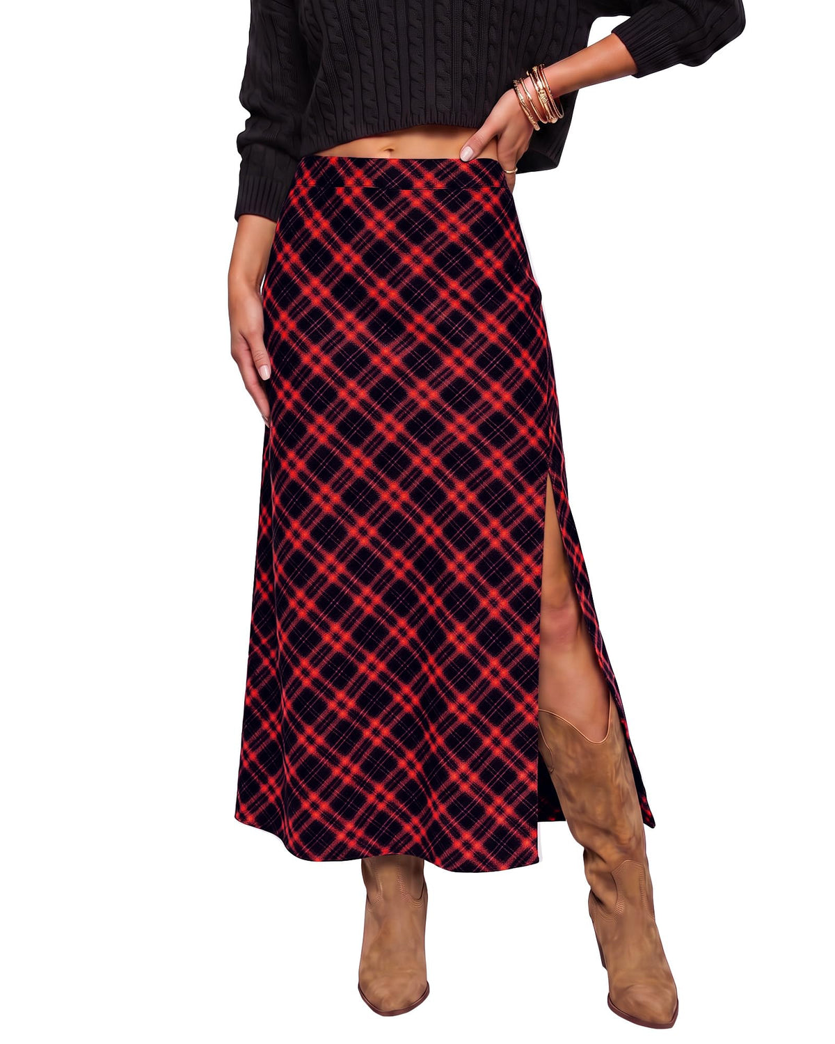luvamia Plaid Maxi Skirts for Women Trendy A-Line Long Skirt with Side Slit