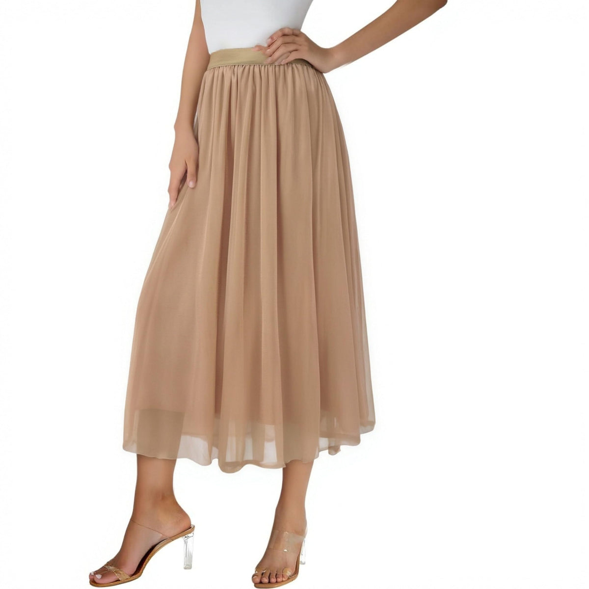 3-Season Women's Tulle Skirt Elastic High Waist A-Line Layered Flowy Long Tutu | Date Night Fall Party Casual Wear