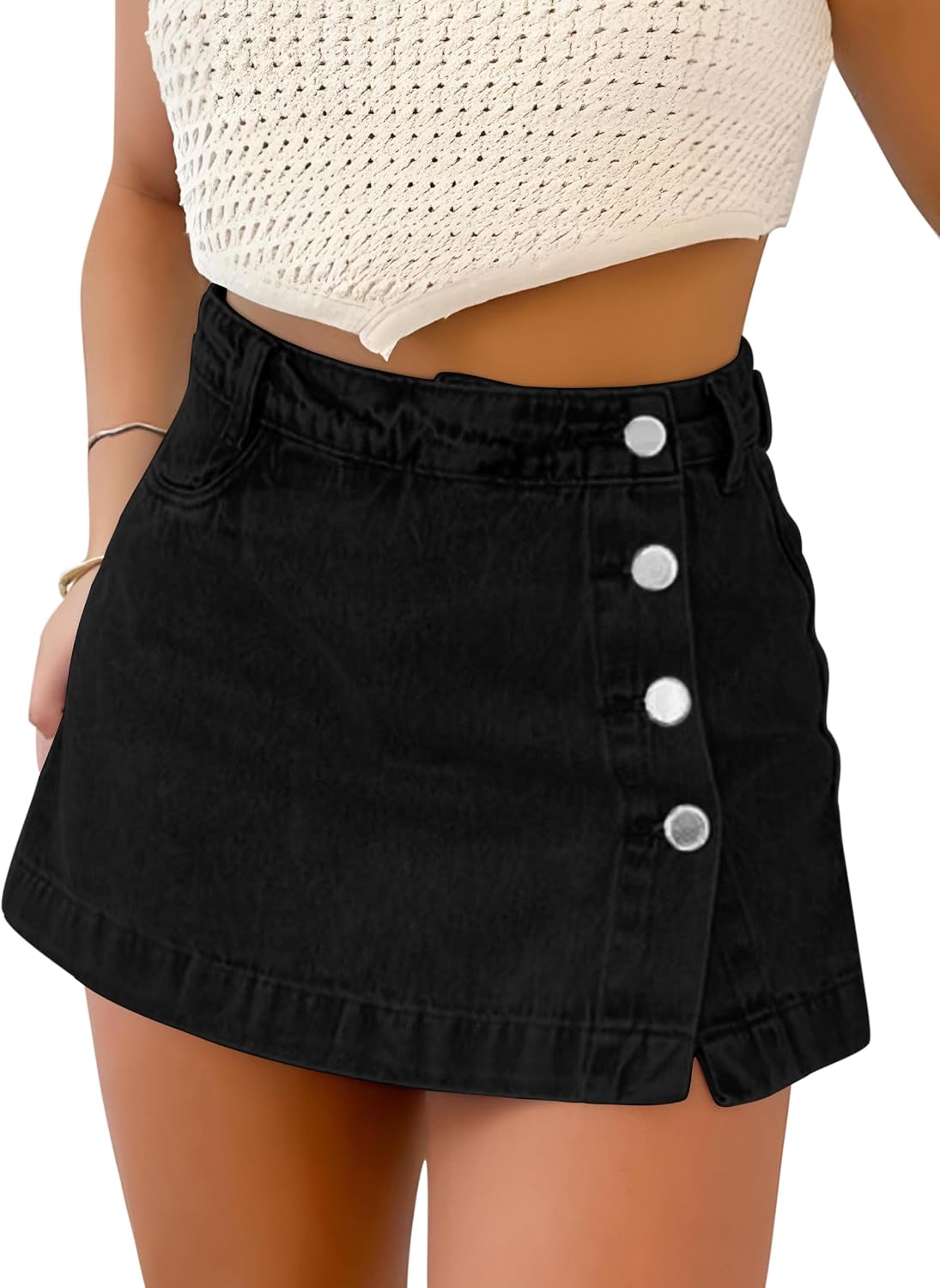 Denim Skort for Women Slit Casual Stretchy Jean Skirt with Shorts