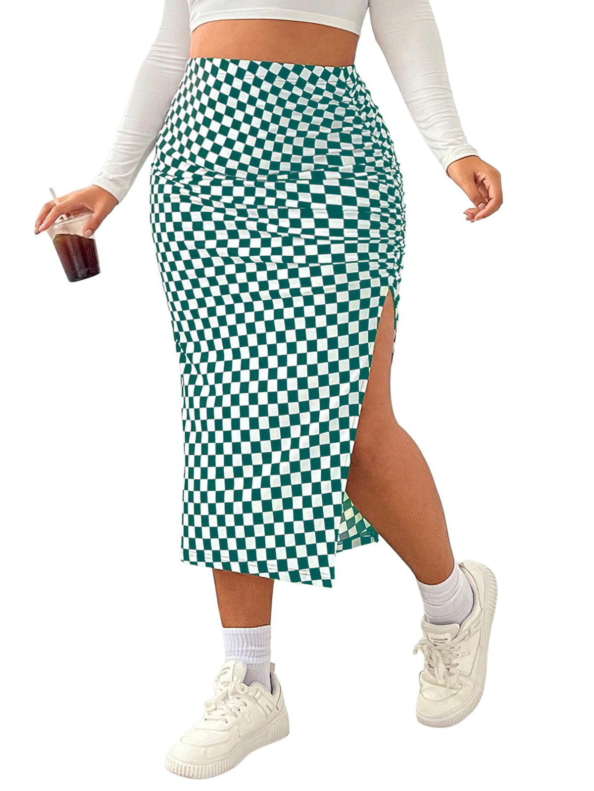 WDIRARA Women's Plus Size Checkered Split Midi High Waist Pencil Skirt
