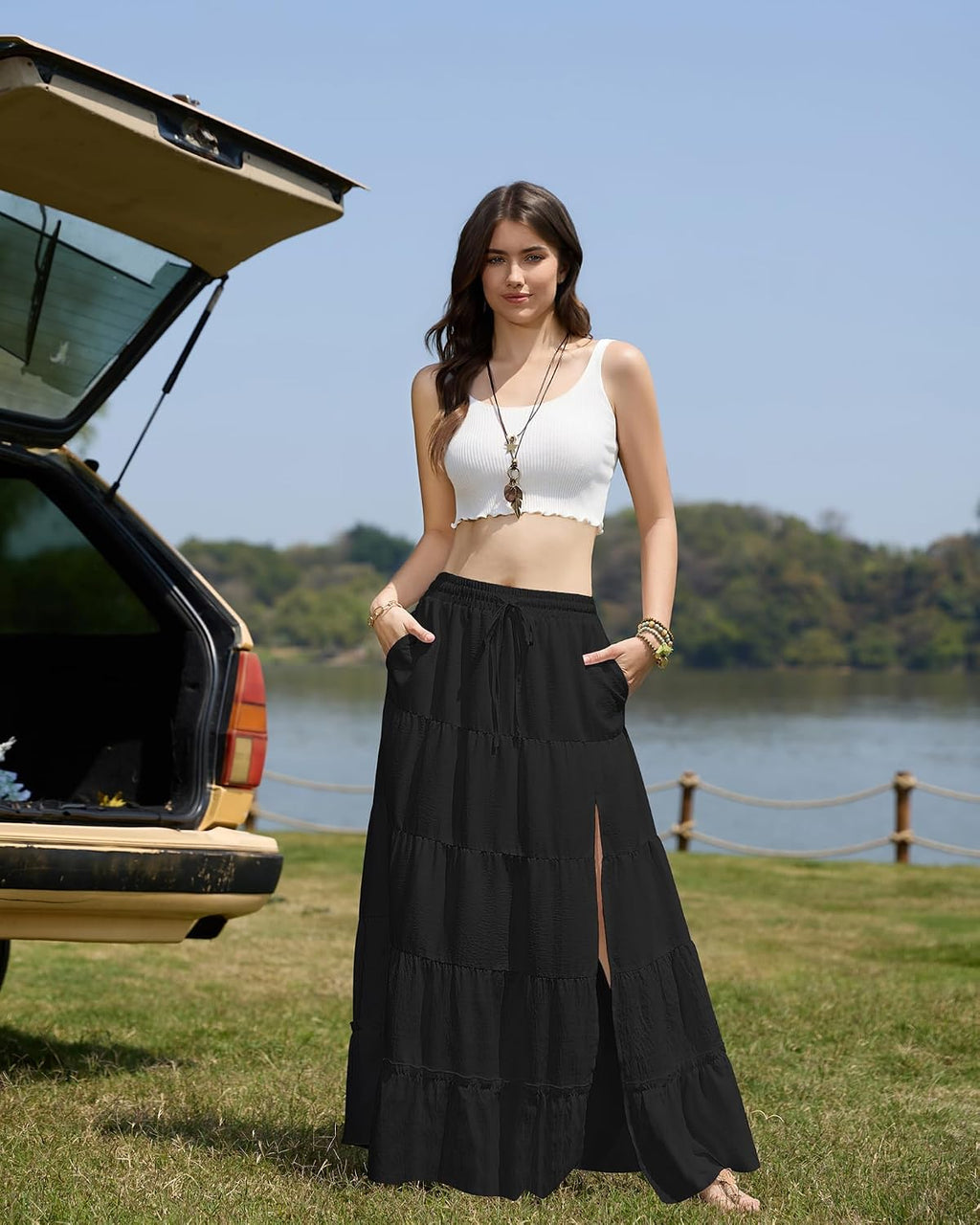 Bsubseach Women Boho Maxi Skirt High Slit Long Flowy Skirt with Pockets