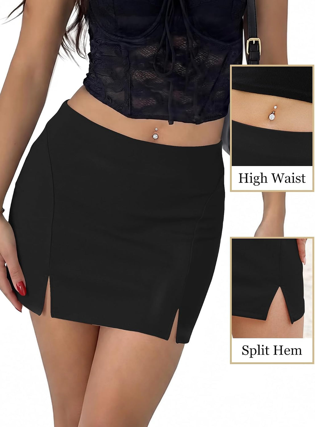 Rapbin Women High Waist Slit Bodycon Mini Skirt with Built-in Shorts