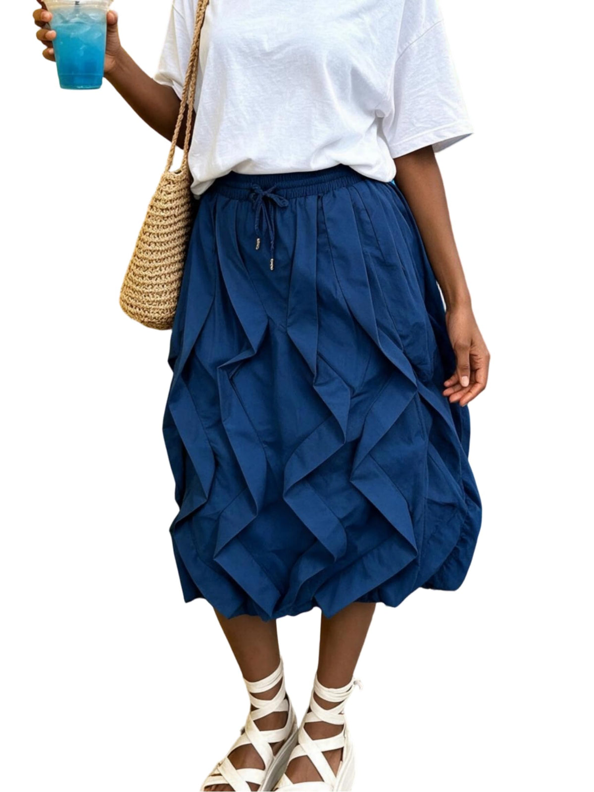 LROSEY Women Ruffle Cargo Skirt Y2k Novelty Drawstring Pleated Midi Skirts