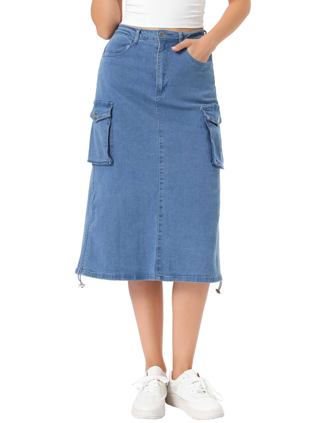 Allegra K Women's Cargo Midi Denim Skirt