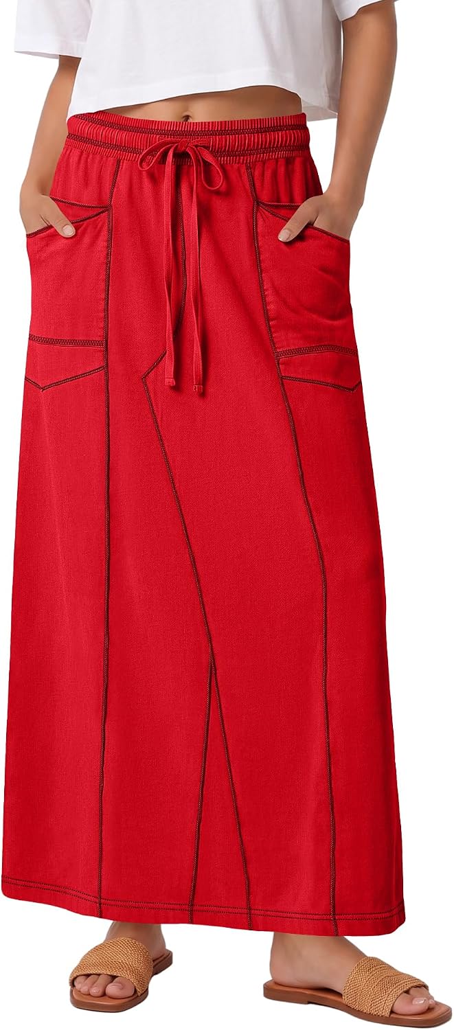 Panadila Womens Elastic Waist Maxi Skirt Fall Cargo Skirt