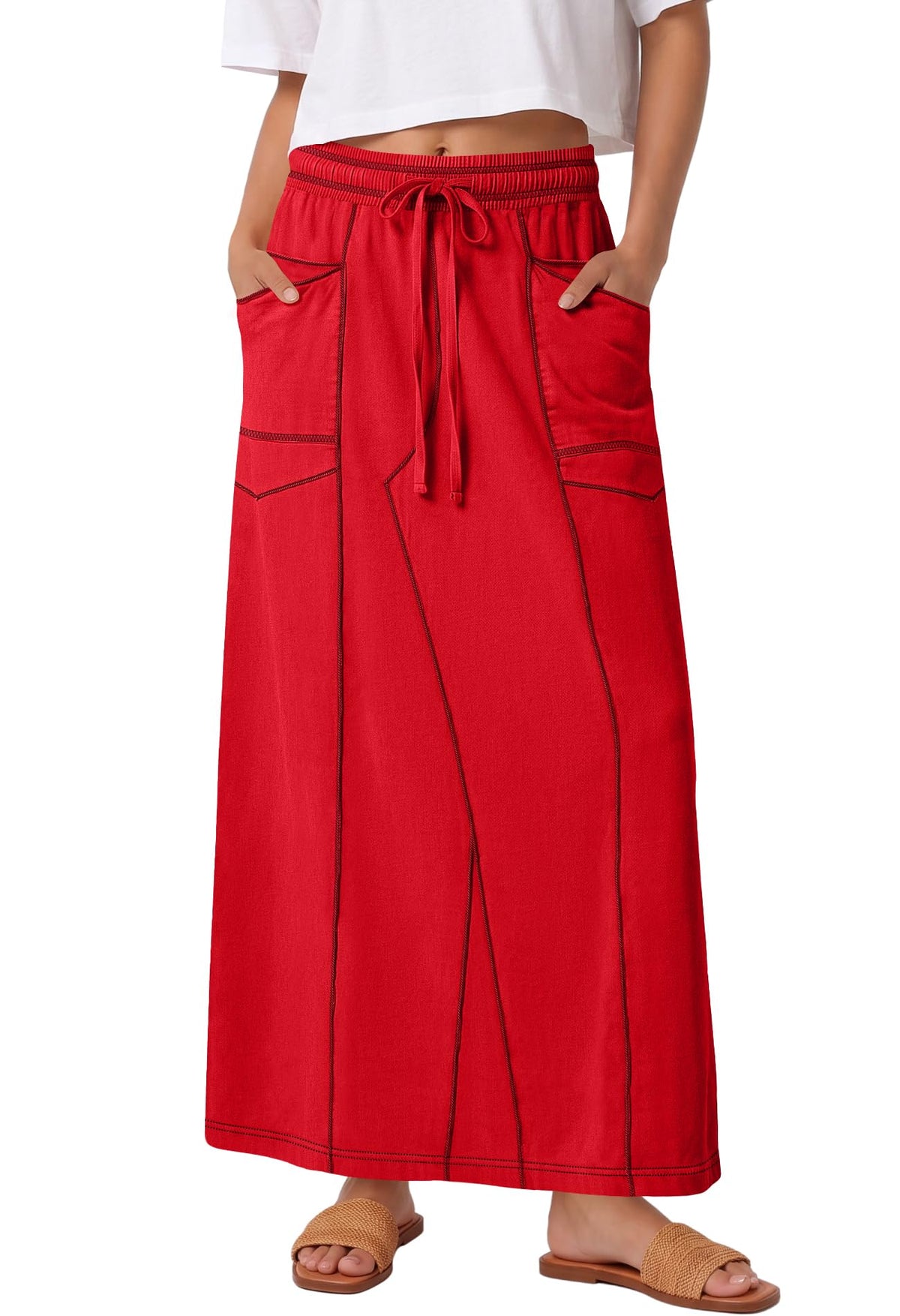 Panadila Womens Elastic Waist Maxi Skirt Fall Cargo Skirt