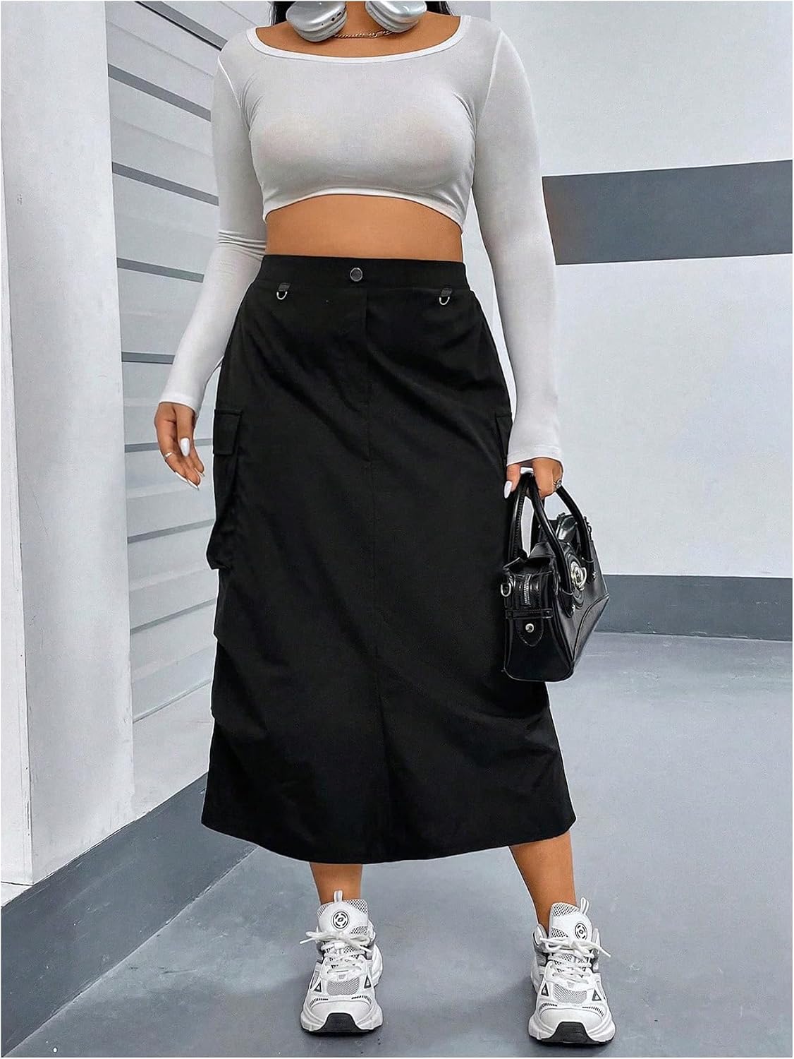 OYOANGLE Women's Plus Size Elastic High Waist Cargo Midi Skirts