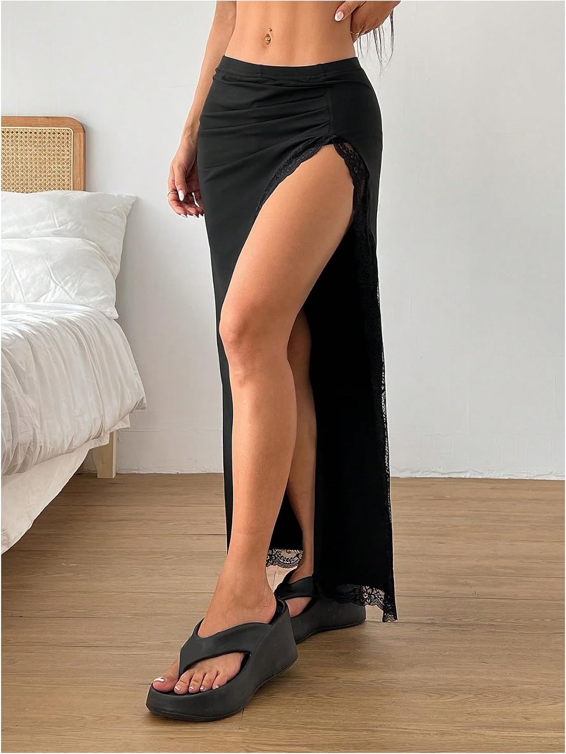 SHENHE Women's Low Rise Wrap High Slit Lace Maxi Skirt with Lining