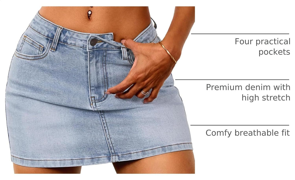 ELLEVEN Denim Mini Low Rise Skirt for Women Stretch Jean Skirt with Pockets