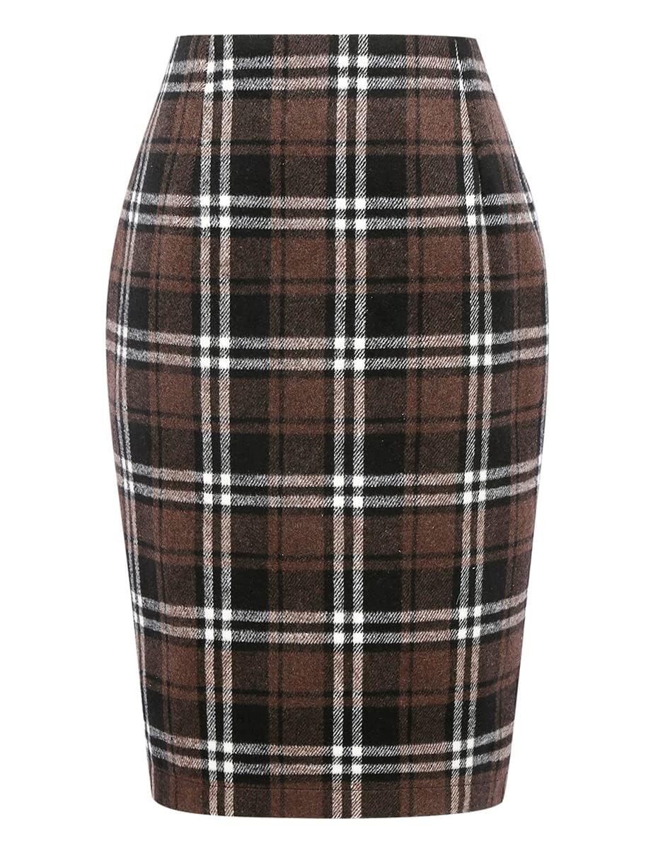IDEALSANXUN Plaid Skirts for Women Fall Winter Knee Length Pencil Wool Skirt with Slit