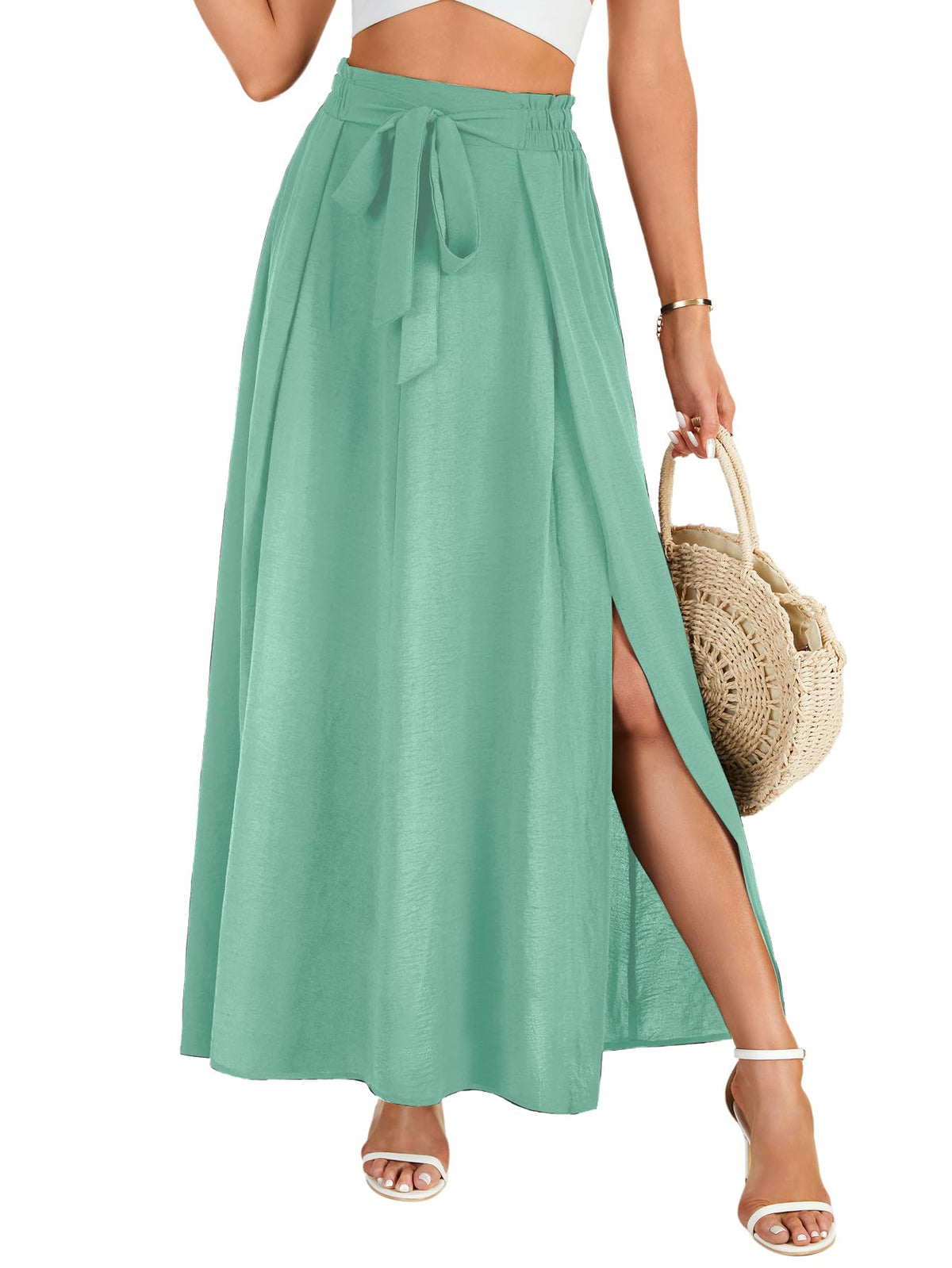 LYANER Women's Tie Front Pleated A Line Skirt High Waist Flowy Boho Maxi Dress with Slit Dressy Outfit