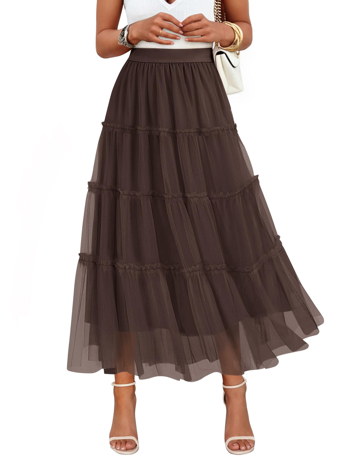 ZESICA Women's Tulle A-Line Flowy Ruffle Tiered Fall Trendy Maxi Skirts